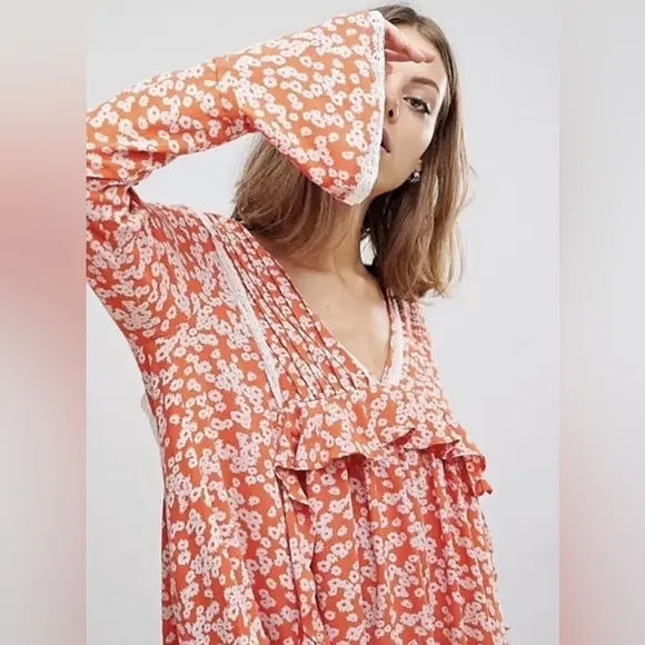 - Free People Long Sleeve Print Mini Dress Paprika Comb Size Small