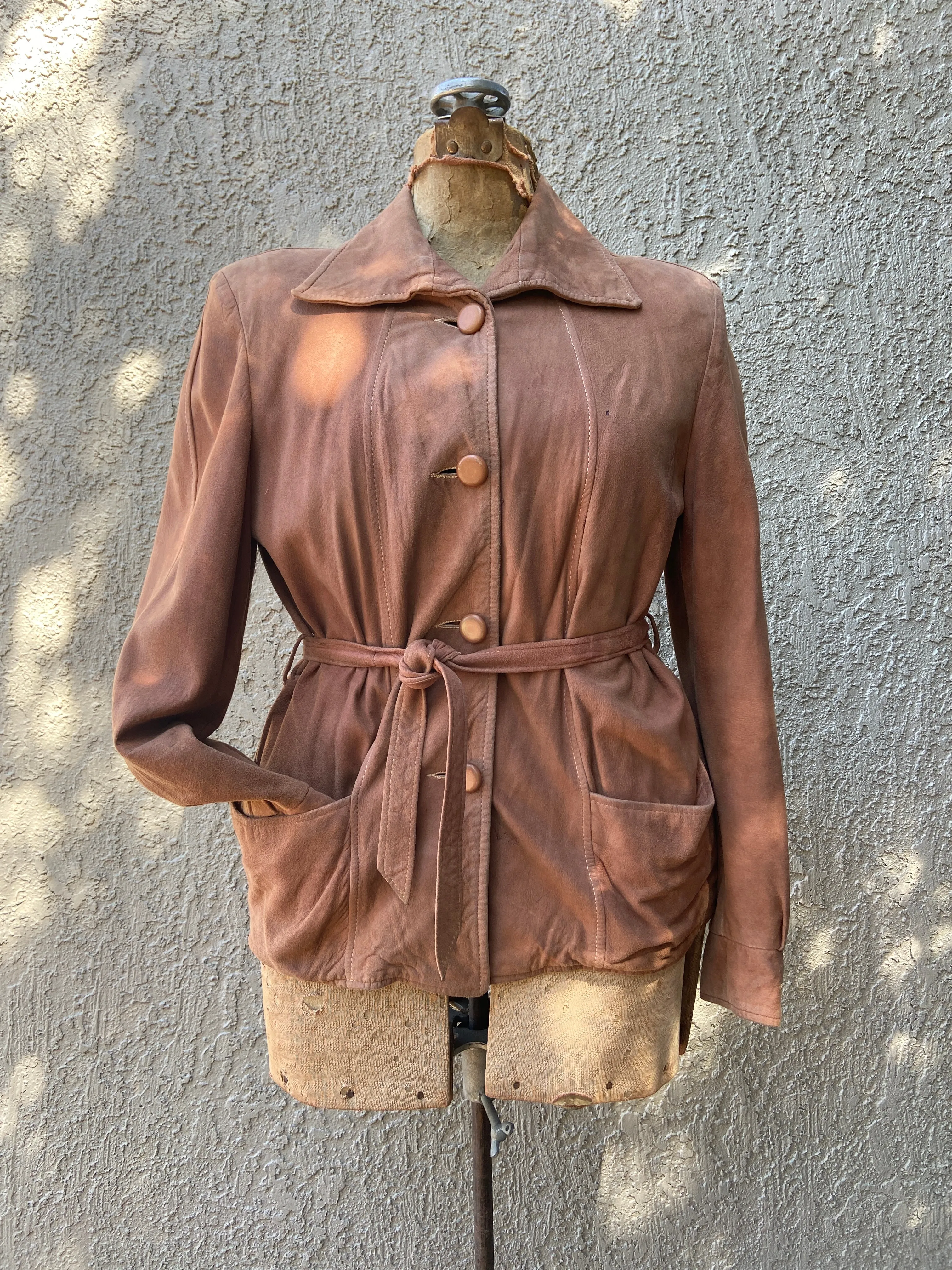 1940s Button Front Suede Tie Waist Jacket