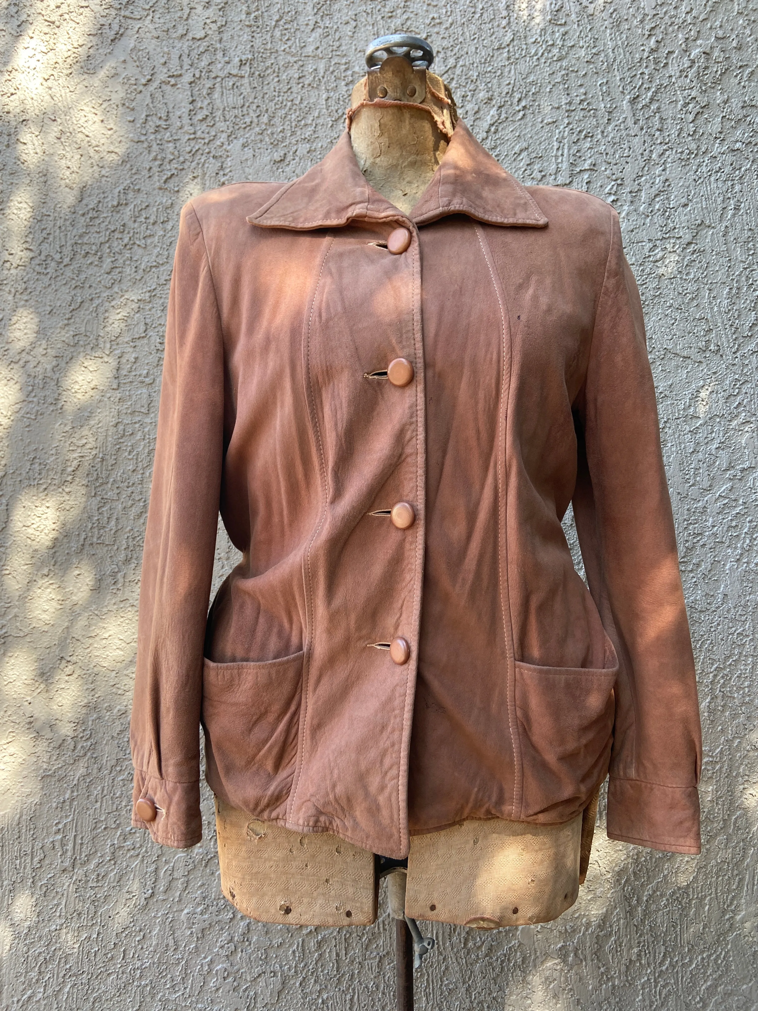 1940s Button Front Suede Tie Waist Jacket