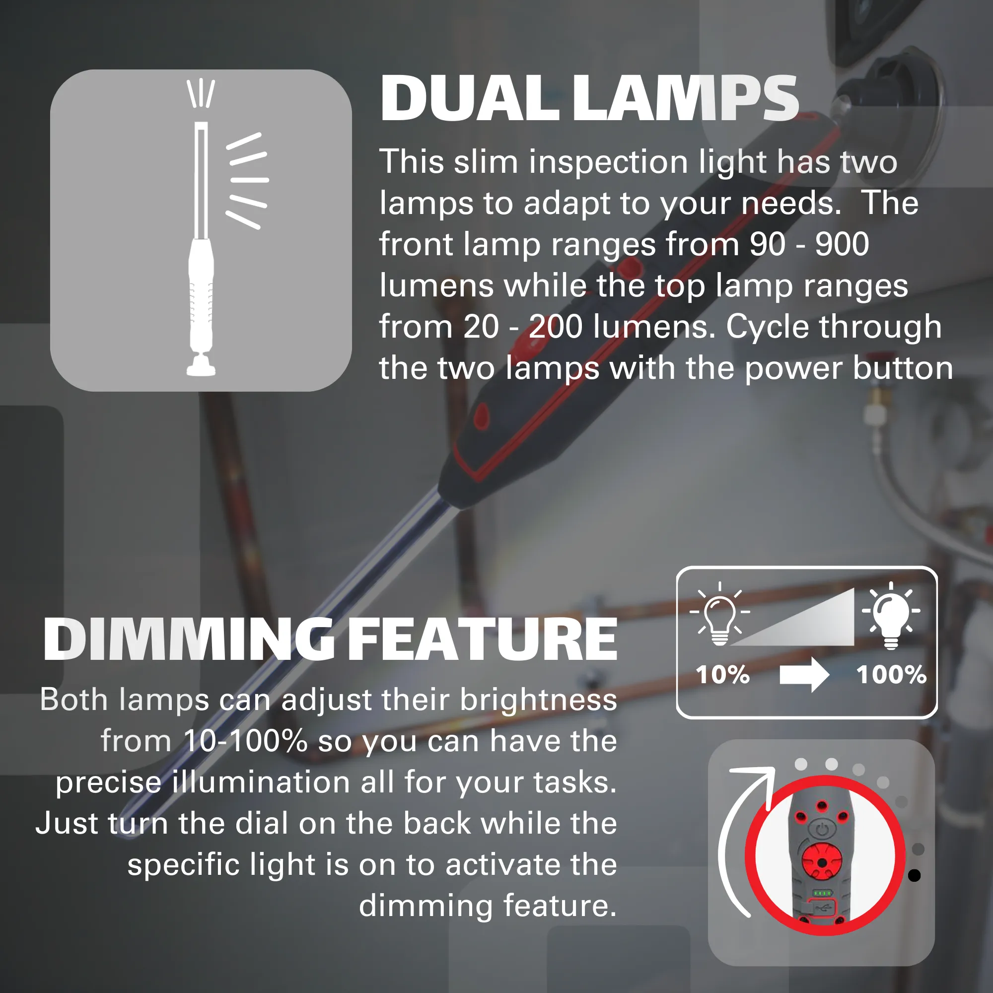 900 Lumen Dual-Lamp LED Rechargeable Slim Light with Stepless Dimming and Magnetic-Pivoting Base
