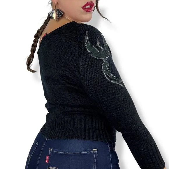 90's JOHNNY BLAZE FLAME black one shoulder sweater with leather phoenix