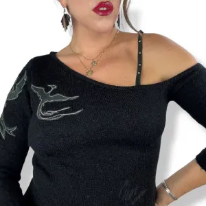 90's JOHNNY BLAZE FLAME black one shoulder sweater with leather phoenix