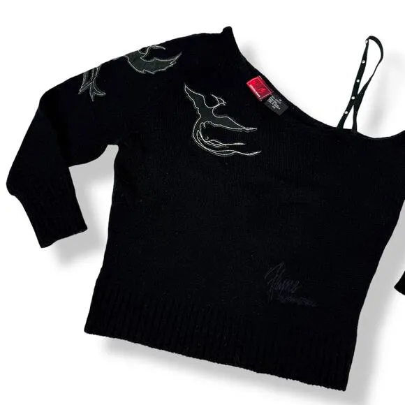 90's JOHNNY BLAZE FLAME black one shoulder sweater with leather phoenix
