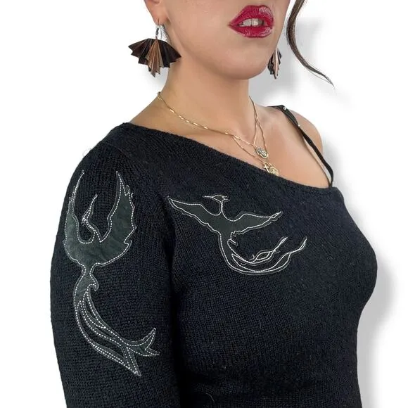 90's JOHNNY BLAZE FLAME black one shoulder sweater with leather phoenix