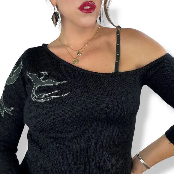 90's JOHNNY BLAZE FLAME black one shoulder sweater with leather phoenix