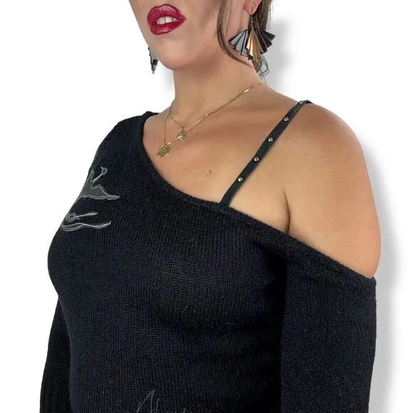 90's JOHNNY BLAZE FLAME black one shoulder sweater with leather phoenix