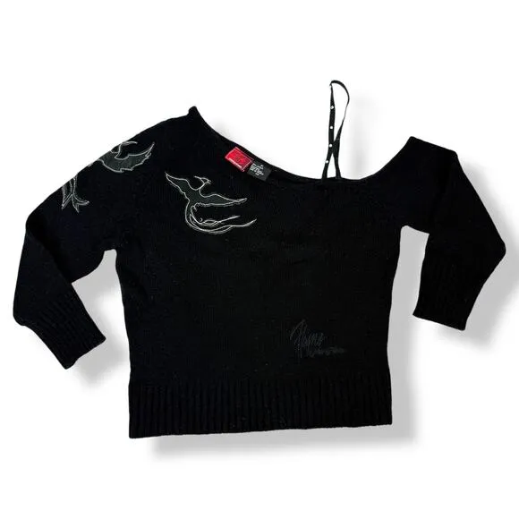 90's JOHNNY BLAZE FLAME black one shoulder sweater with leather phoenix