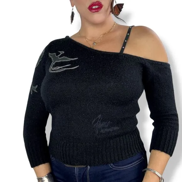 90's JOHNNY BLAZE FLAME black one shoulder sweater with leather phoenix