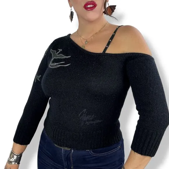 90's JOHNNY BLAZE FLAME black one shoulder sweater with leather phoenix