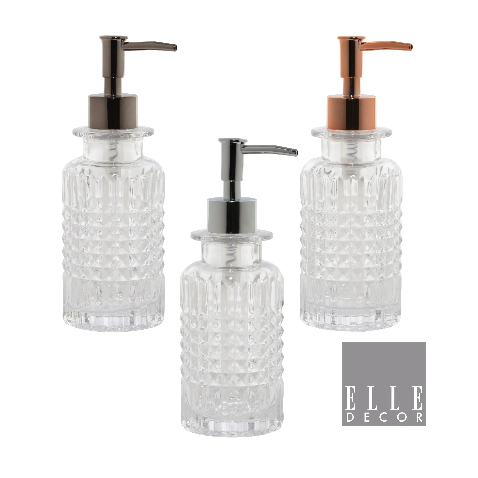 9oz- White Frost Style Glass Lotion Pump W.Asst Pump colors Rose Gold-Chrome-Nickel