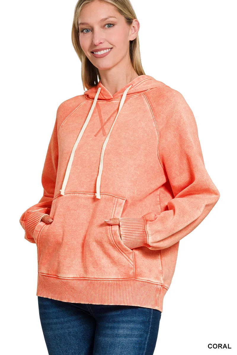 Acid Wash Fleece Hoodie With Pockets
