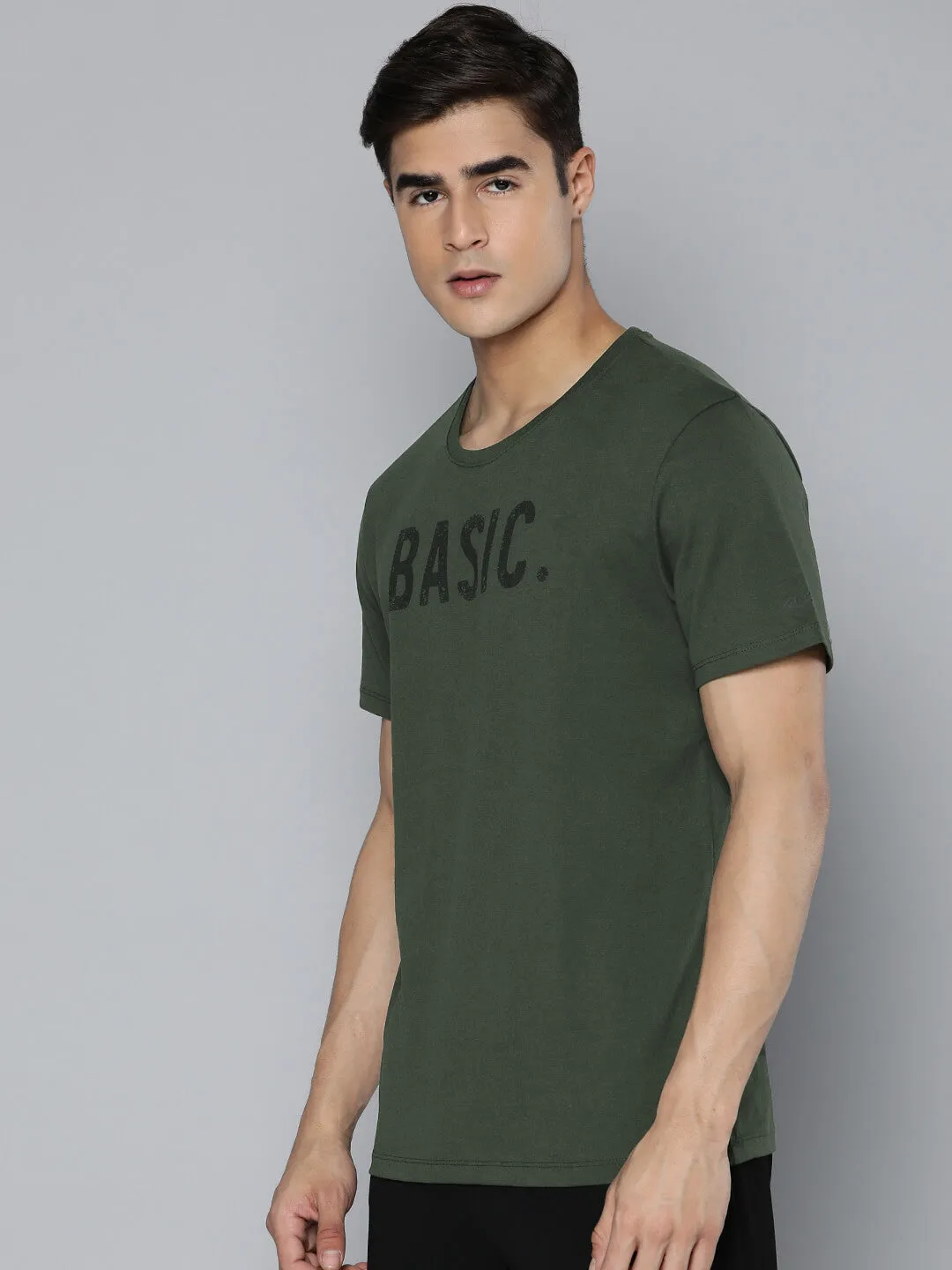 Alcis Men Olive Green Typography Printed Dry Tech Slim Fit T-shirt