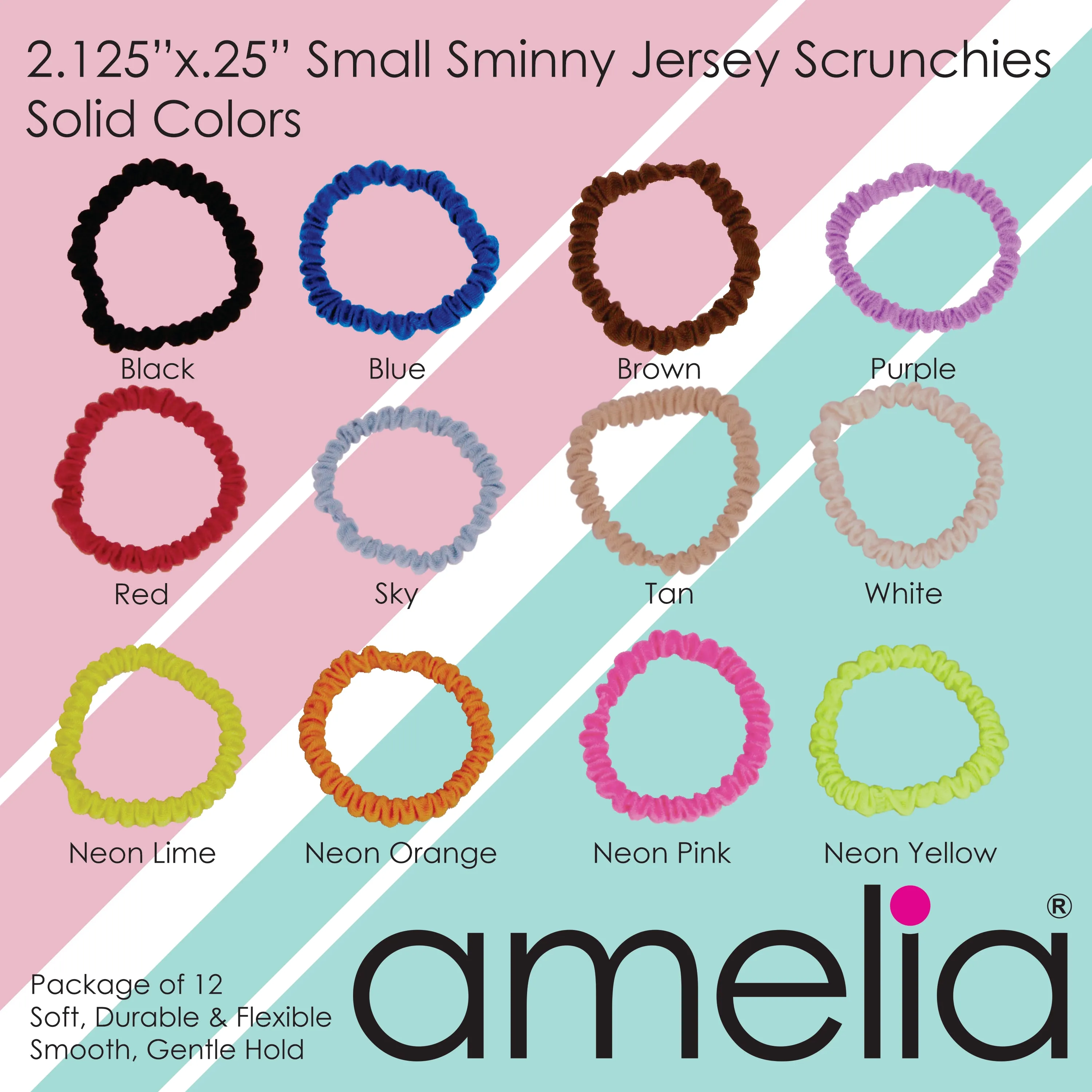 Amelia Beauty, Black Skinny Jersey Scrunchies, 2.125in Diameter, Gentle on Hair, Strong Hold, No Snag, No Dents or Creases. 12 Pack