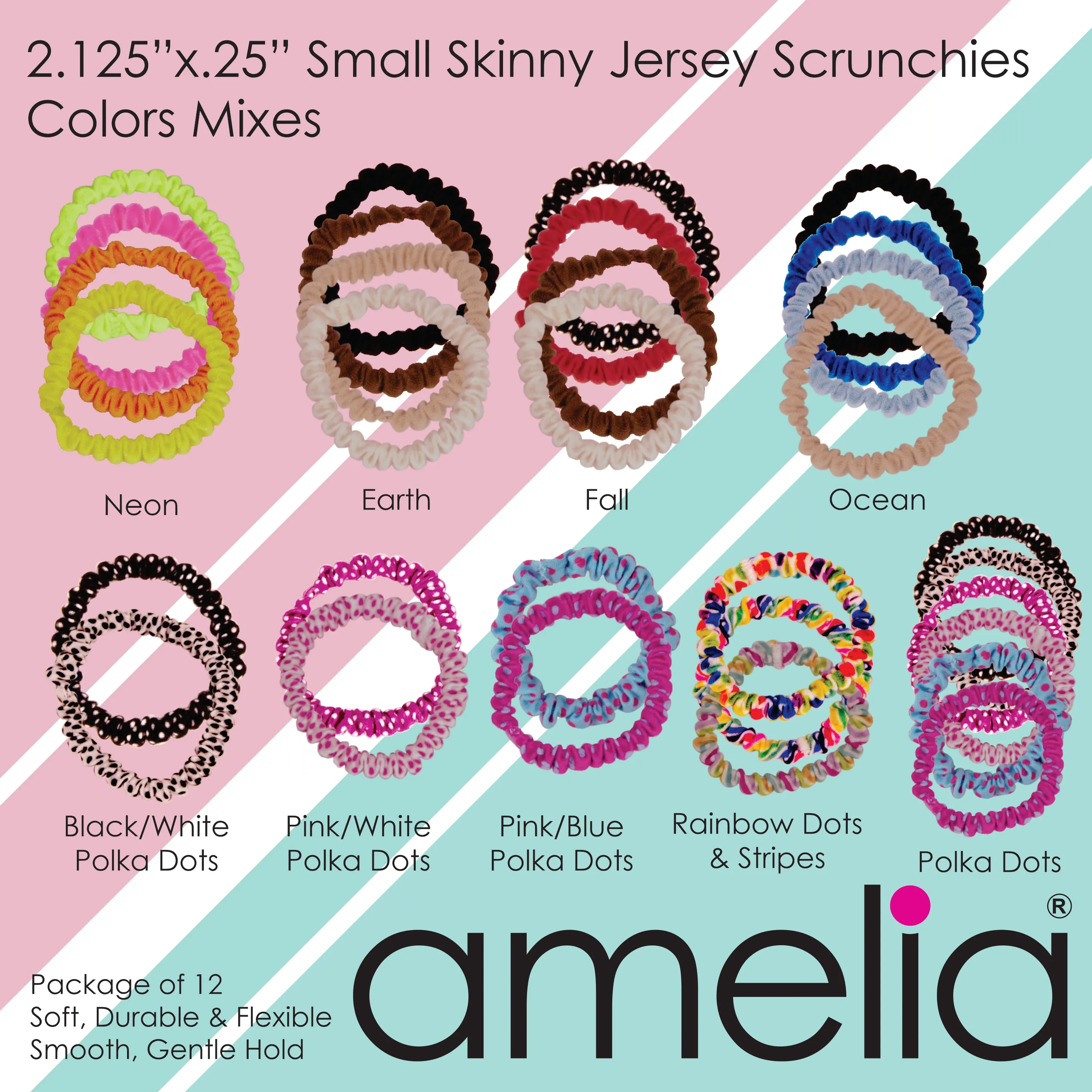 Amelia Beauty, Black Skinny Jersey Scrunchies, 2.125in Diameter, Gentle on Hair, Strong Hold, No Snag, No Dents or Creases. 12 Pack
