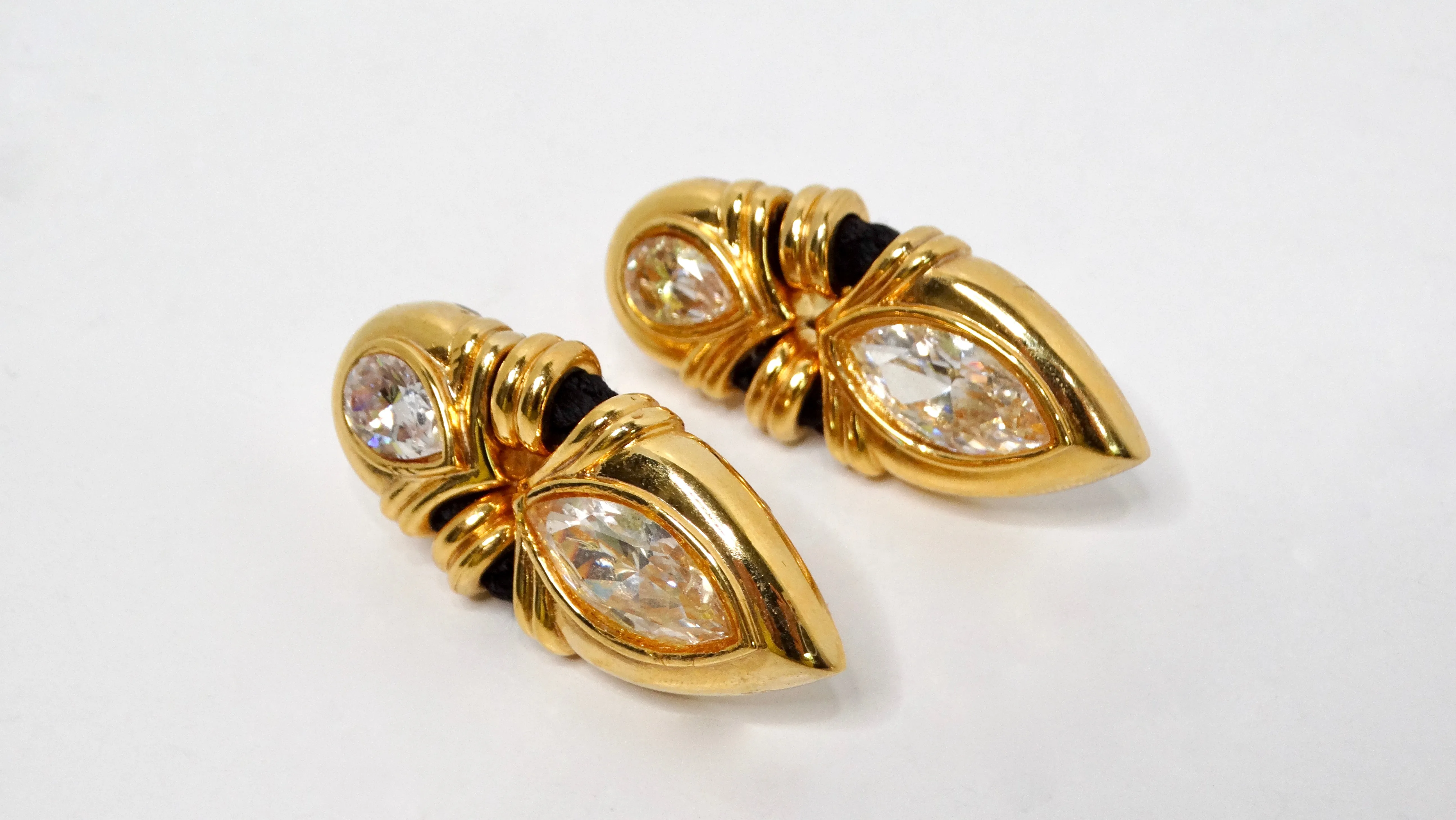 Angela Kramer Vintage 18k Gold Plated Rhinestone & Black Rope Clip-On Earrings