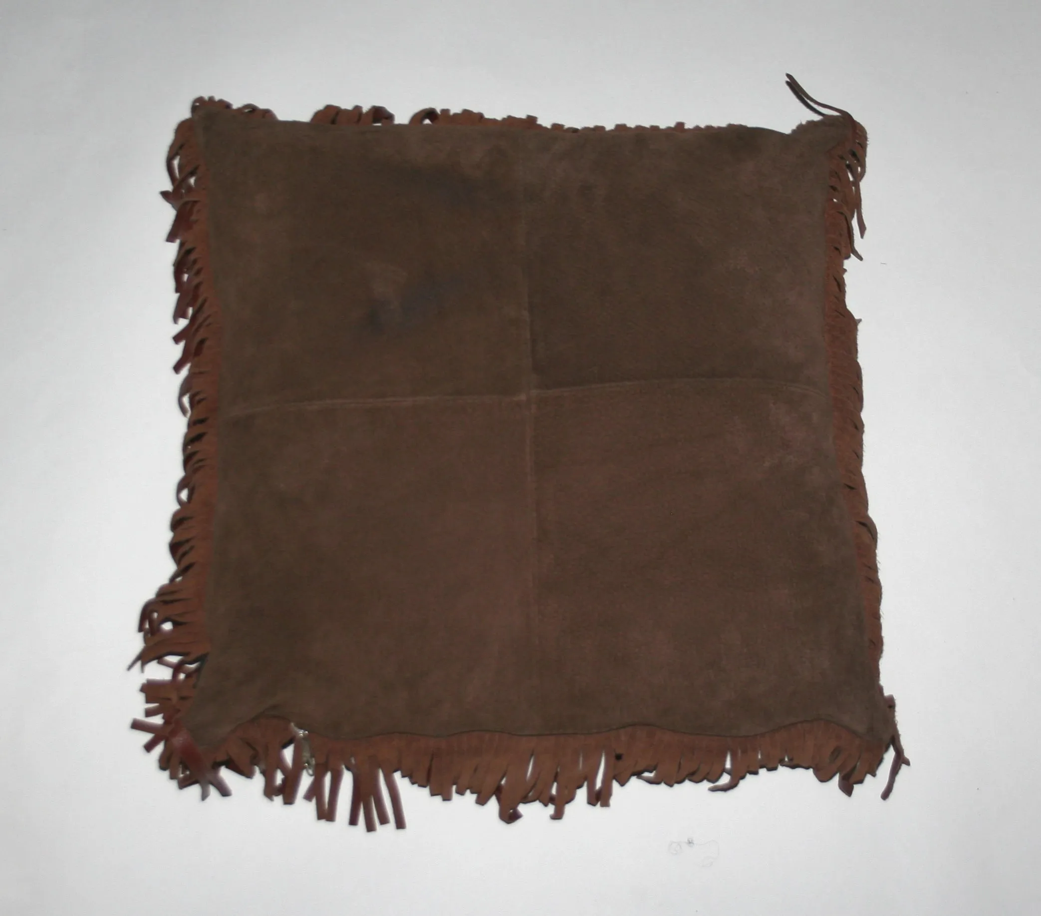 Authentic Full Grain Leather and Suede Fringed Pillow Chestnut Brown
