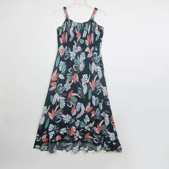 Avenue 14 - 16 Maxi Dress Navy Patel Floral Ruffle Crochet Trim Hi-Lo Hem NEW