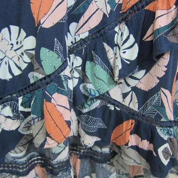 Avenue 14 - 16 Maxi Dress Navy Patel Floral Ruffle Crochet Trim Hi-Lo Hem NEW