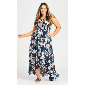 Avenue 14 - 16 Maxi Dress Navy Patel Floral Ruffle Crochet Trim Hi-Lo Hem NEW