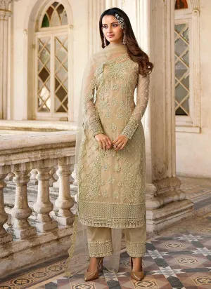 Beige Heavy Embroidered Stylish Palazzo Suit