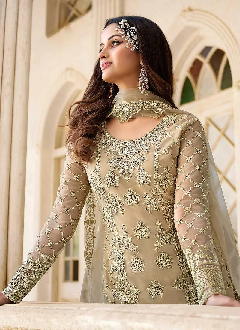 Beige Heavy Embroidered Stylish Palazzo Suit