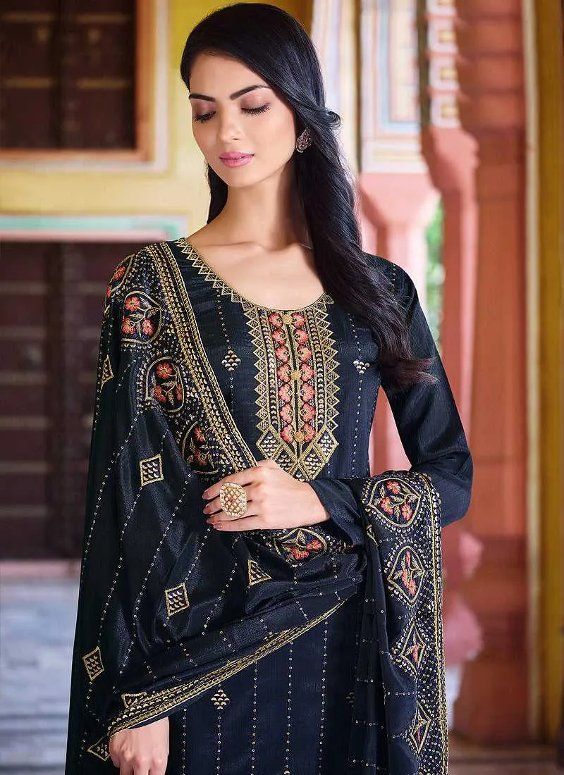 Blue Embroidered Stylish Straight Pant Suit