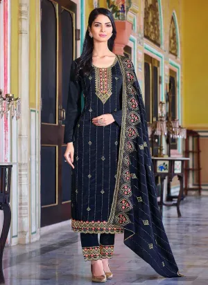 Blue Embroidered Stylish Straight Pant Suit