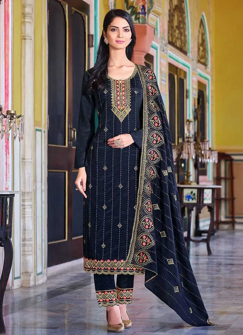 Blue Embroidered Stylish Straight Pant Suit