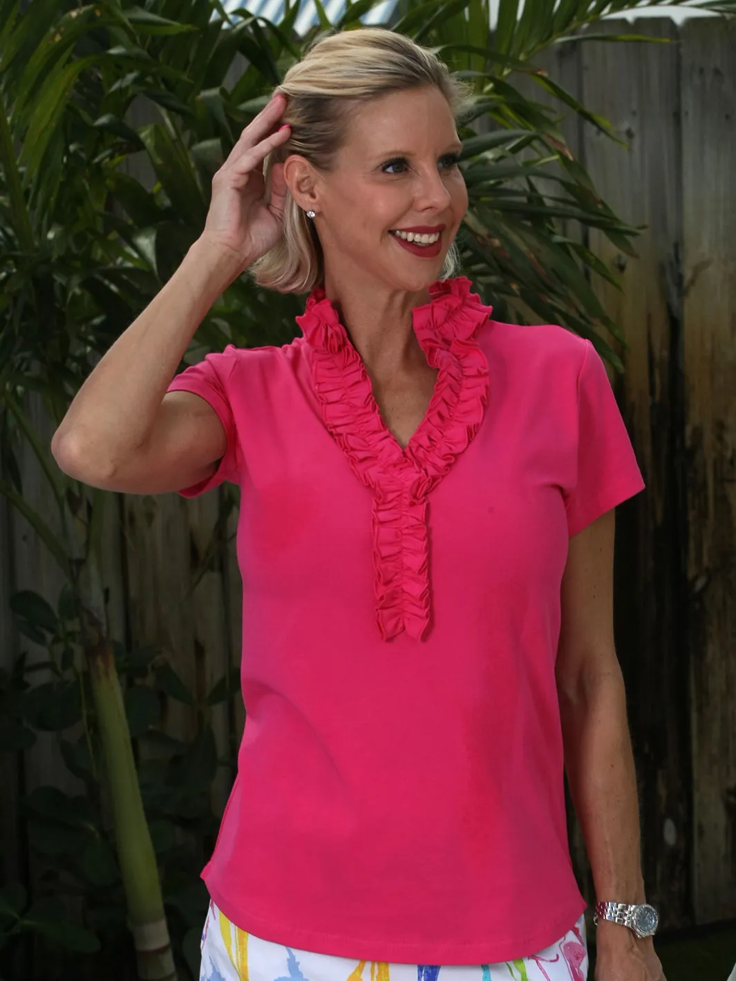 Charlie Ruffle Short Sleeve Top Hot Pink