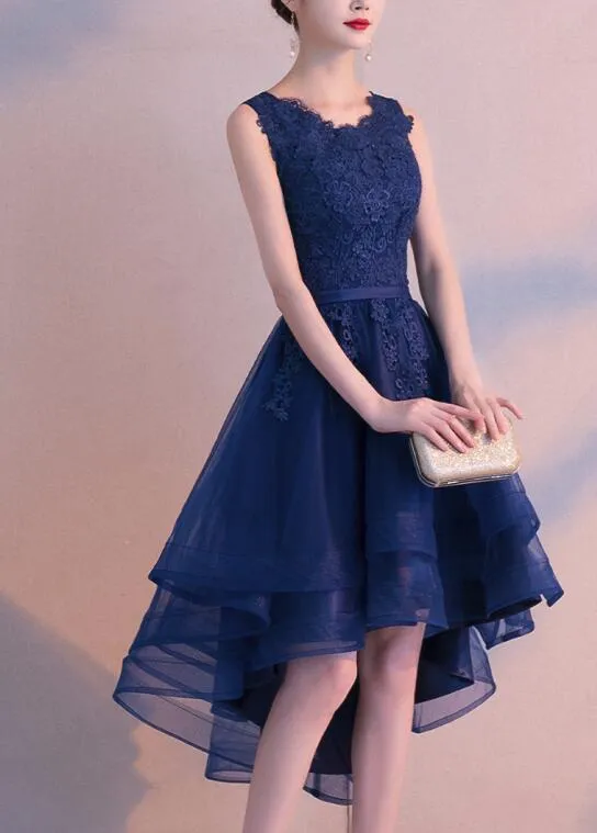 Charming Blue High Low Round Neckline Stylish Party Dress, Cute Formal Dress