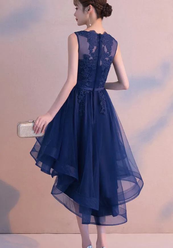 Charming Blue High Low Round Neckline Stylish Party Dress, Cute Formal Dress