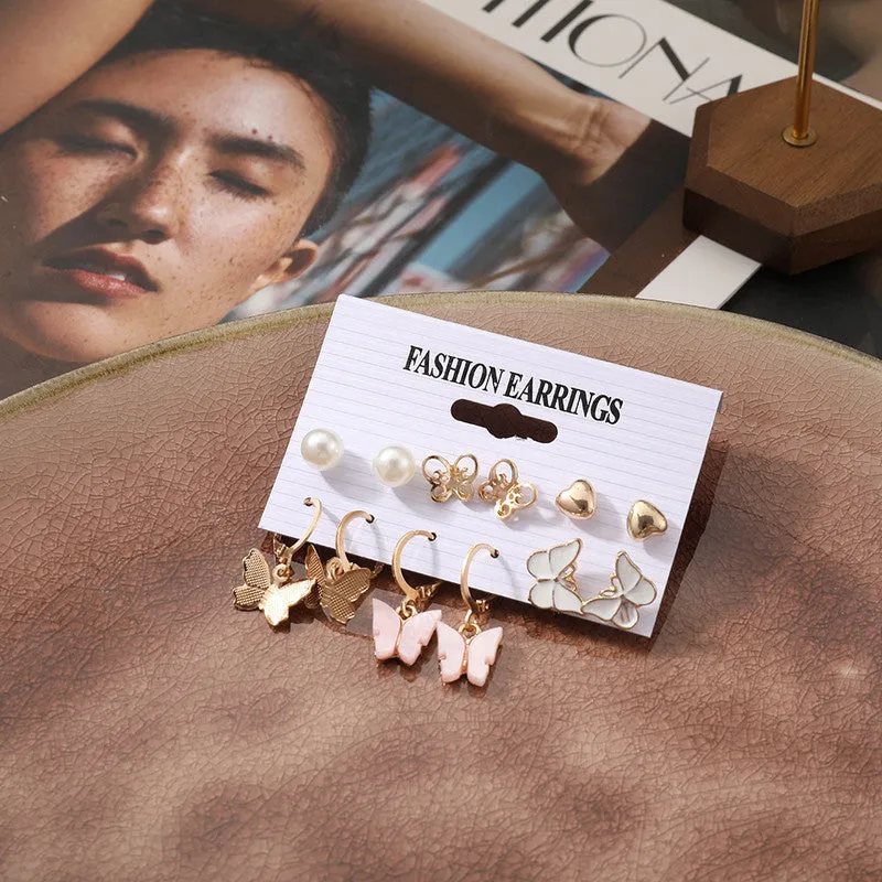 Combo 6 Pair Crystal Butterfly Studs and Hoop Earrings