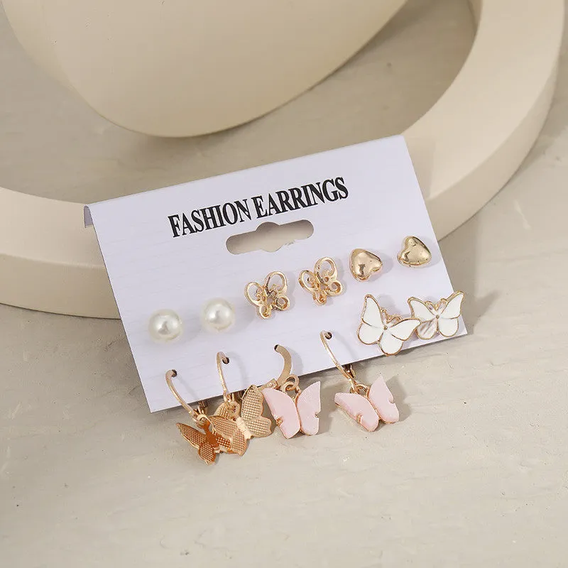 Combo 6 Pair Crystal Butterfly Studs and Hoop Earrings