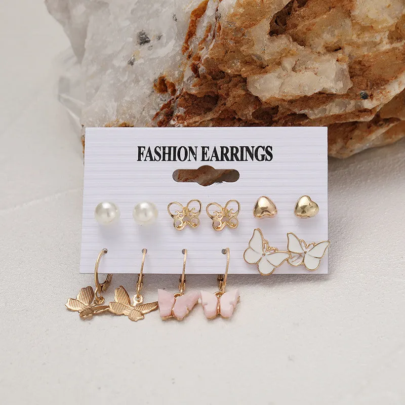 Combo 6 Pair Crystal Butterfly Studs and Hoop Earrings