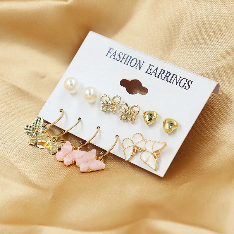 Combo 6 Pair Crystal Butterfly Studs and Hoop Earrings