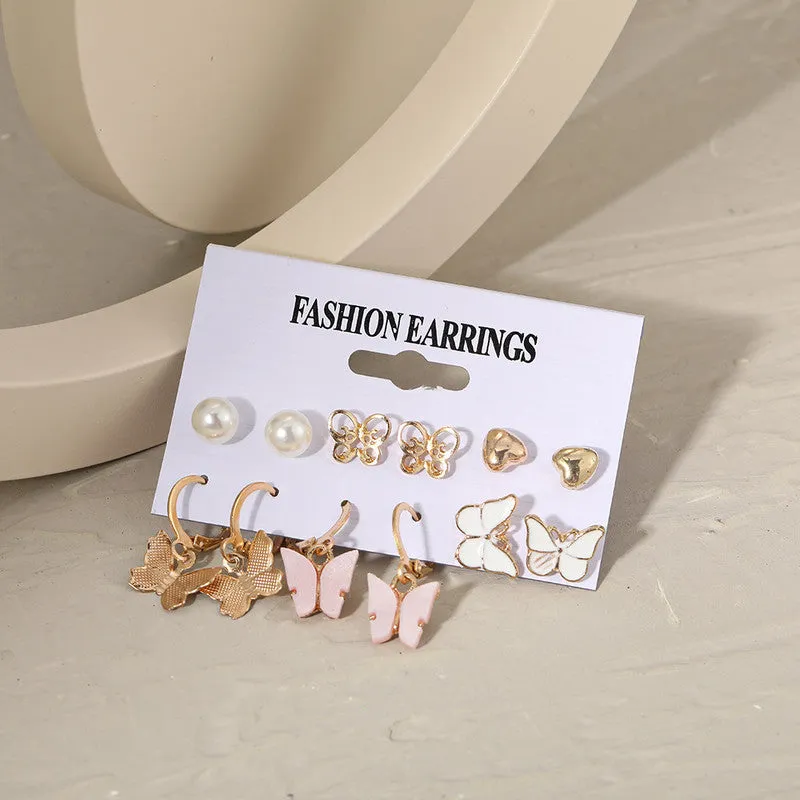 Combo 6 Pair Crystal Butterfly Studs and Hoop Earrings