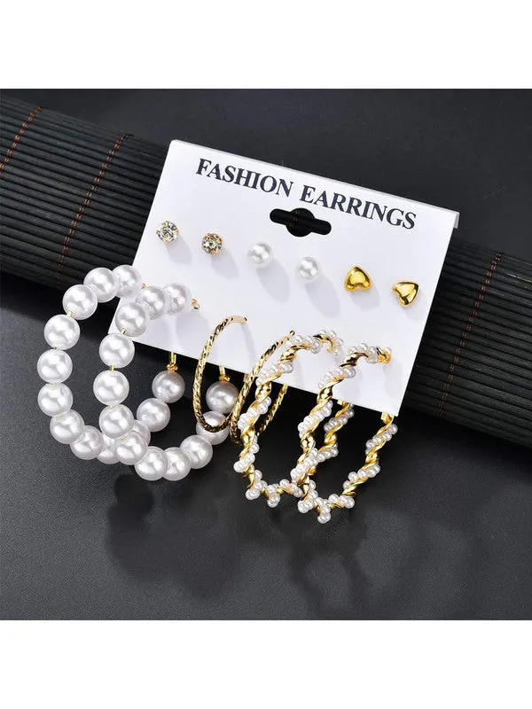 Combo of 12 Pair Pearl Studs and Leaf Hoop Earrings