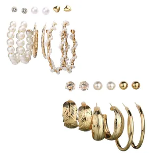 Combo of 12 Pair Pearl Studs and Leaf Hoop Earrings