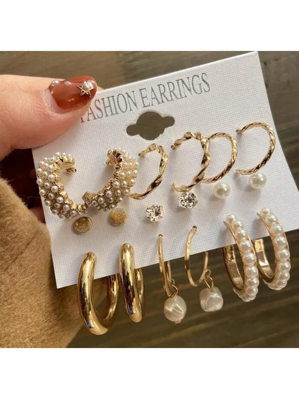 Combo of 14 Pair Studs and Pearl Hoop Earrings