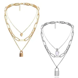 Combo of 2 Golden and Silver Layered Lock Pendant