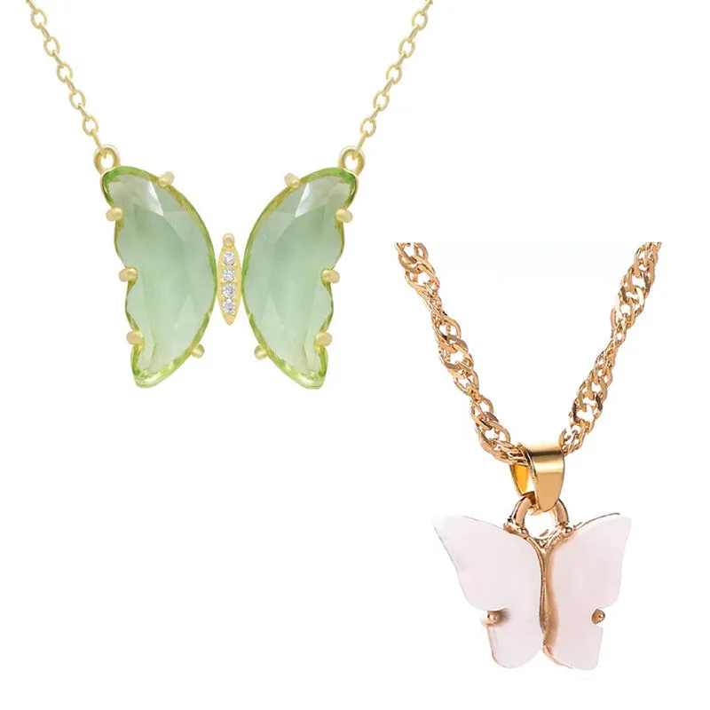 Combo of 2 Green Crystal and White Butterfly Pendant
