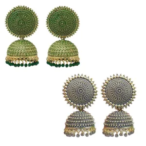 Combo of 2 Grey and Dark Green Pearls Dome Shape Jhumki