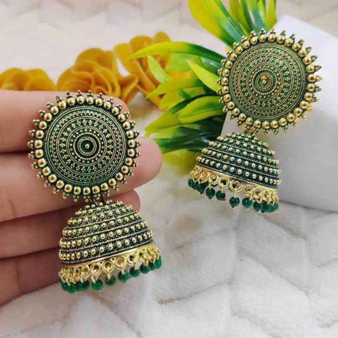 Combo of 2 Grey and Dark Green Pearls Dome Shape Jhumki
