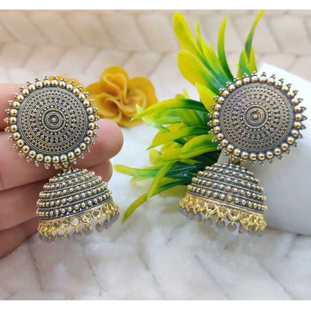 Combo of 2 Grey and Dark Green Pearls Dome Shape Jhumki