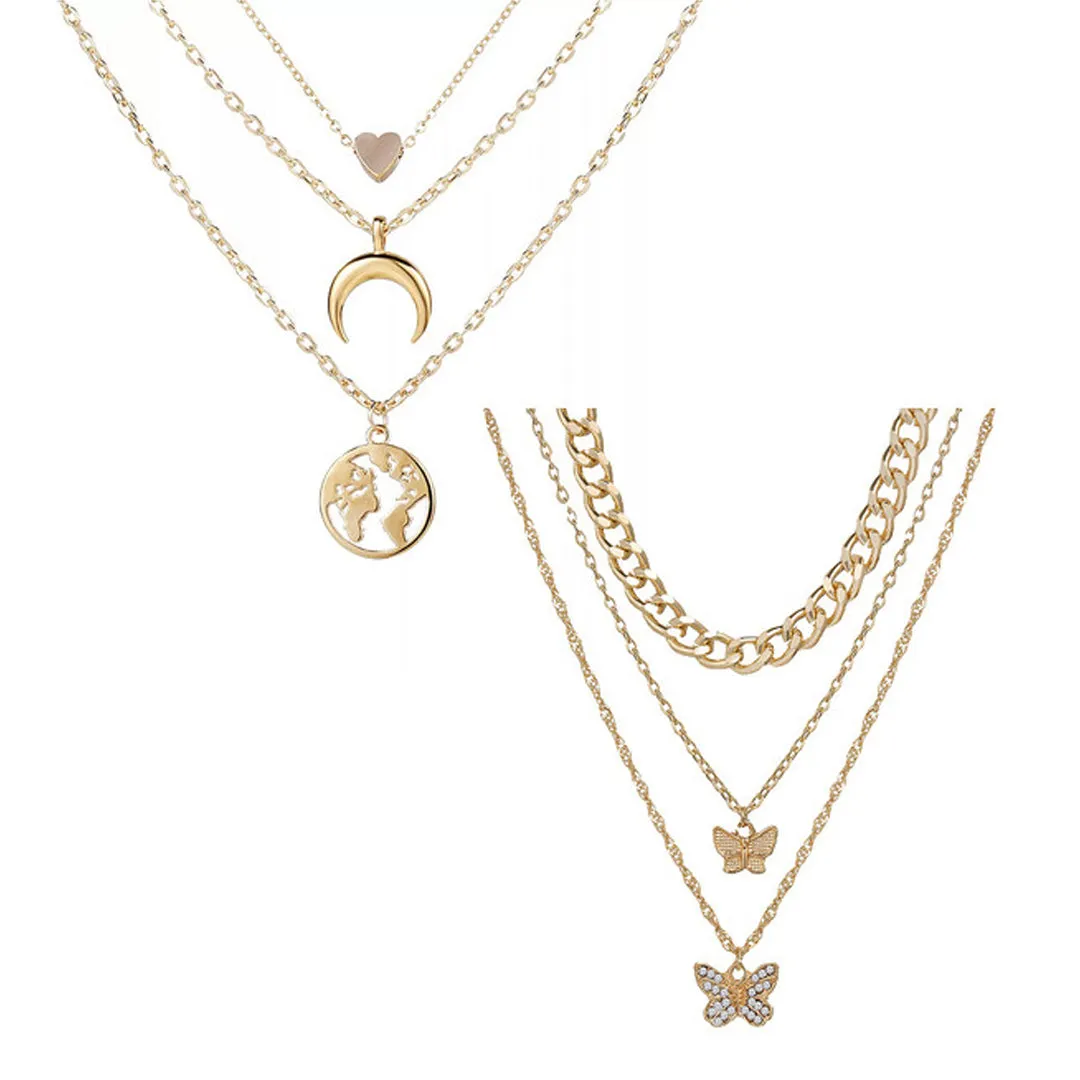 Combo Of 2 Layered Heart Moon Earth & Butterfly Pendant