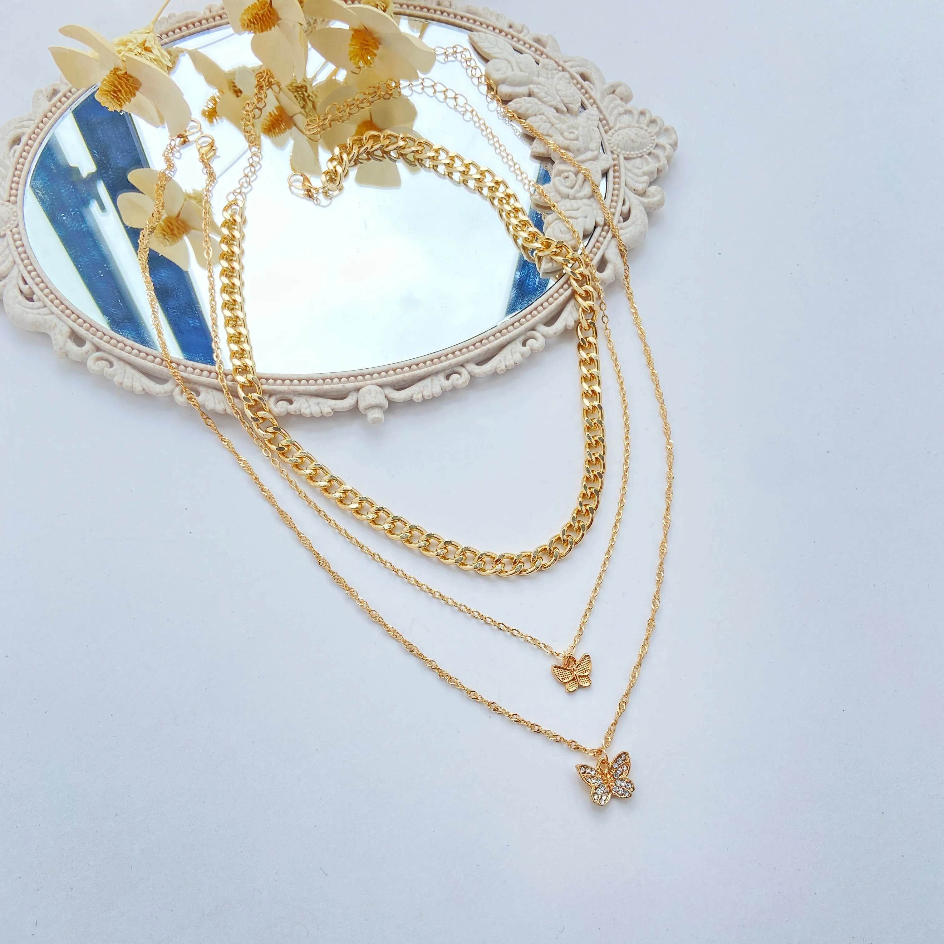 Combo Of 2 Layered Heart Moon Earth & Butterfly Pendant
