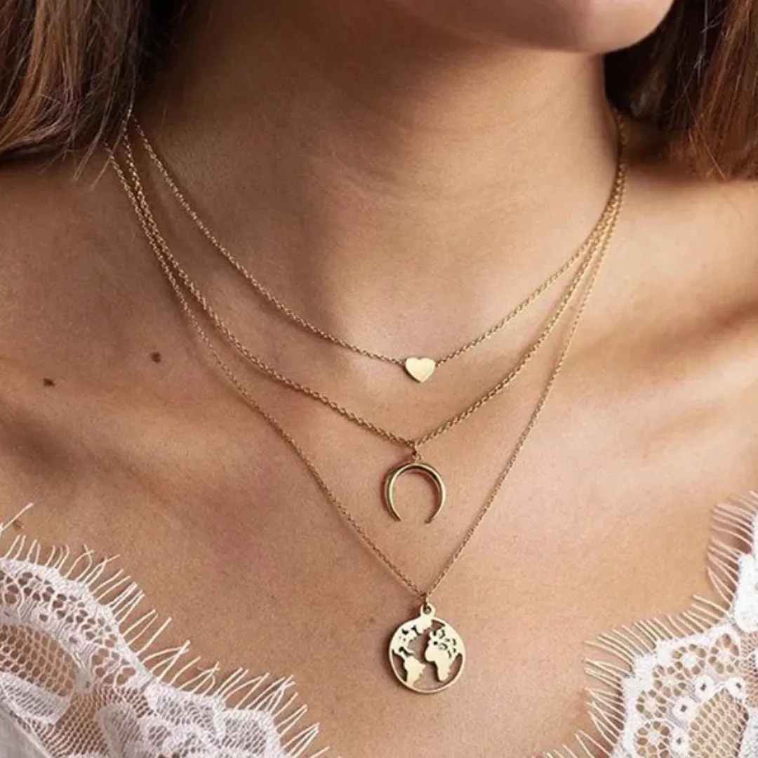 Combo Of 2 Layered Heart Moon Earth & Butterfly Pendant