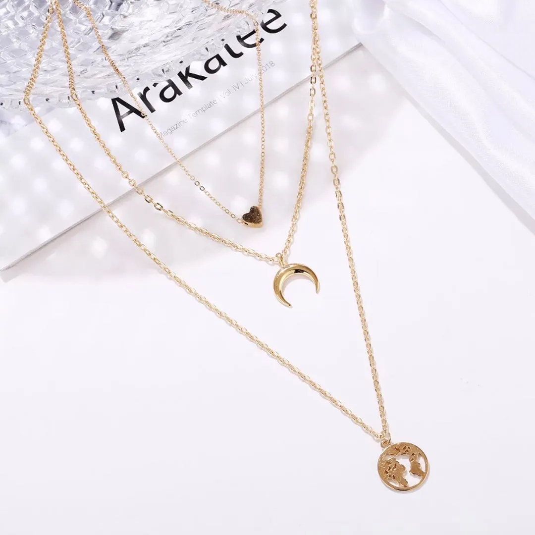 Combo Of 2 Layered Heart Moon Earth & Butterfly Pendant
