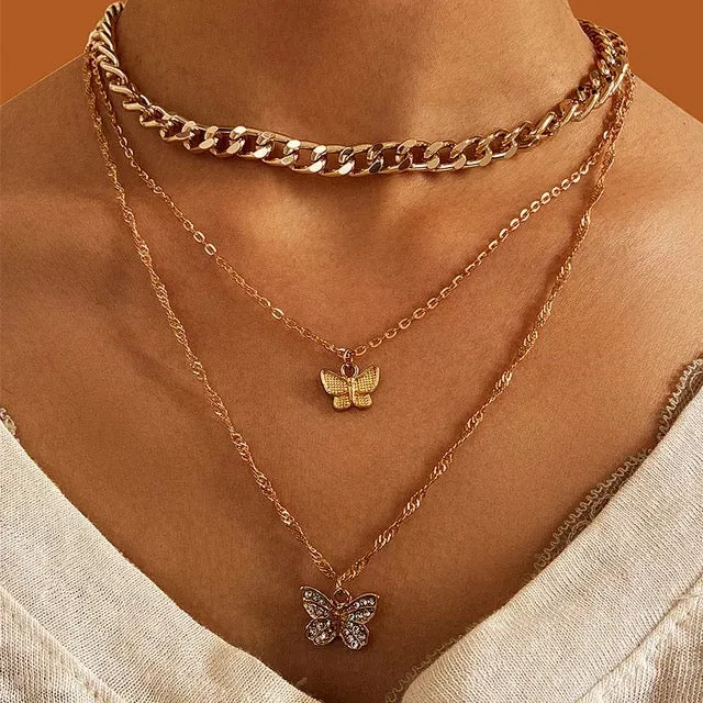 Combo Of 2 Layered Heart Moon Earth & Butterfly Pendant