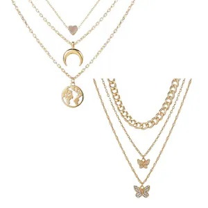 Combo Of 2 Layered Heart Moon Earth & Butterfly Pendant